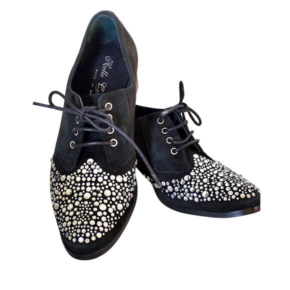 Helle Comfort Rhinestone Lace Up Shoes Black 37  6.5 Clear Heel Made in Spain - Picture 1 of 13